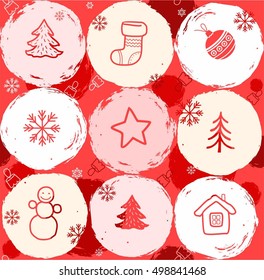 Snow globes, seamless, red background. Vector colored background with white and pink Christmas balls on a red field. Contour depicted on balls, Christmas drawings. 