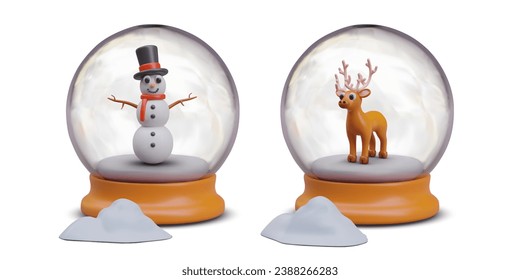 Schneegloben mit Schneemann und Hirsch drinnen, Schneeflocke. Einzige Vektorgrafik im Cartoon-Stil. Helft Weihnachtsfiguren. Set von 3D-Vektorgrafiken