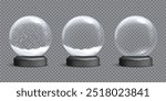 Snow globes template vector set. Empty glass snowballs with snow and snowflakes on gray base. Christmas and New Year design elements on transparent background.