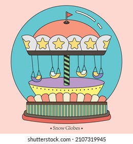 Snow globes theme park concept. Ferris wheel in a glass ball. stoke Flat design isolated on pink background. vector, illustration 