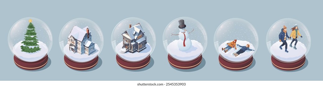 Snow globes with winter scenes including a tree, houses, and people. Vector illustration