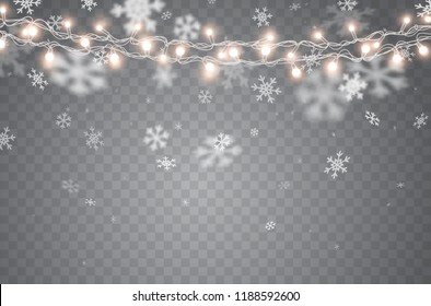 Snow With Glowing Christmas Lights Isolated On Transparent Background. White Snow Flakes Falling And Xmas Garlands Strings. Vector Snowfall, Snowflakes Flying In Winter Air.