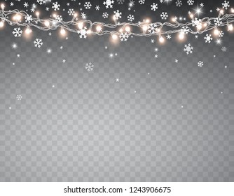 Snow with glowing Christmas lights isolated on transparent background. White snow flakes falling and Xmas garlands strings. Vector snowfall, snowflakes flying in winter air.