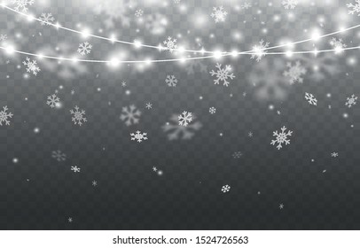 Snow with glowing Christmas lights isolated on transparent background. Vector snowfall, white snowflakes falling and Xmas garlands string.