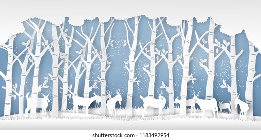 Snow goats in forest in the winter season with trees as nature, life , Paper art and digital craft style concept. vector illustration