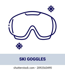 Snow goggle outline icon with title. Collection of icons on the theme of winter sports and outdoor recreation. Vector monochrome illustrations isolated on white background.