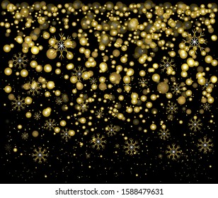 Snow gold flakes falling macro vector graphics, Christmas snowflakes confetti falling scatter backdrop. Winter Xmas snow background. 