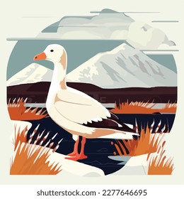Snow goose in arctic wetlands. Arctic birds in natural habitat. Flat vector illustration concept