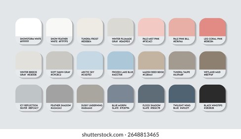 Paleta de cores de ganso de neve. Gráfico de amostra de tom de cor de ganso de neve com códigos HEX e nomes de cores. Anser caerulescens Pena e cores do corpo tons variantes. Acentuações de Bico e Olho colorir novo vetor Paleta