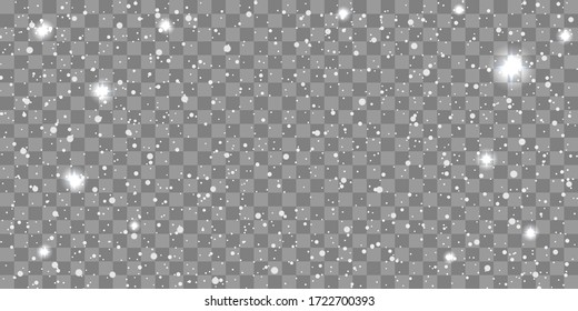 Snow gray transparent background. Christmas snowy winter design. White falling snowflakes, abstract landscape. Cold weather effect. Magic nature fantasy snowfall decoration. Vector illustration
