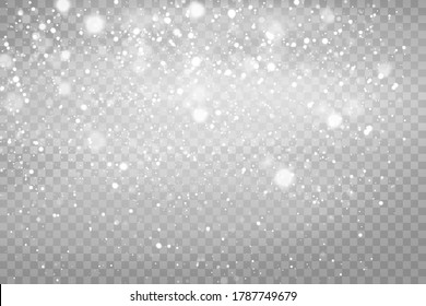 Snow gray transparent background. Christmas snowy winter design. White falling snowflakes, abstract landscape. Cold weather effect. Magic nature fantasy snowfall decoration. Vector illustration