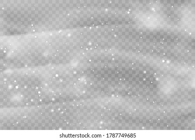 Snow gray transparent background. Christmas snowy winter design. White falling snowflakes, abstract landscape. Cold weather effect. Magic nature fantasy snowfall decoration. Vector illustration