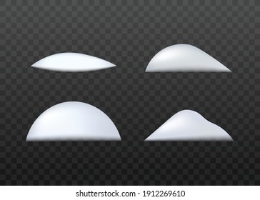 Snow ground. Set of various white snowdrift, winter cold snow hills on dark transparent background. Elements for snowy design or greeting cards. Vector 3d realistic illustration.