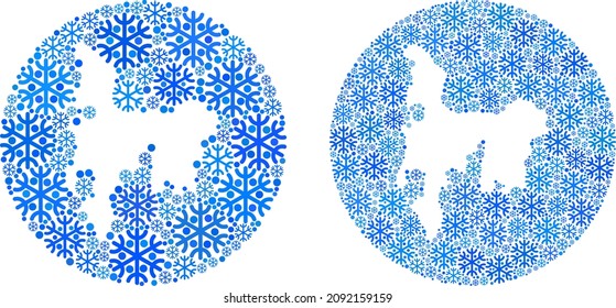 Collage de mapas de la isla Hamilton de nieve creado con esfera y espacio reducido. Collage de mapas de partes de hielo de varios tamaños y tonos azules en la Isla Vector Hamilton. Creado para proyectos de invierno.