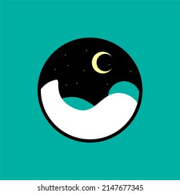 snow hill and green hill icon or logo decorated with night illustration