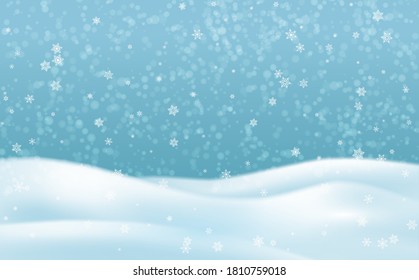 Snow hills landscape. Winter snowy background with sky, snowdrift and snowflakes. Christmas serene landscape