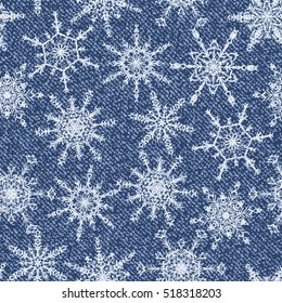 Snow. Holiday Wallpaper. Christmas and New Year. Winter endless background. Vector Denim seamless pattern with Snowflakes. Blue jeans cloth