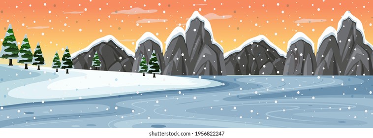 Snow horizontal scene with mountain landscape at sunset illustration