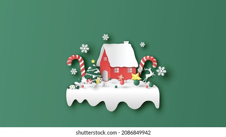 Snow house with ornaments on Christmas. Merry Christmas house. paper cut and craft style. vector, illustration.