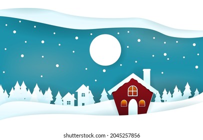 Snow House Pine Trees Winter Papercut Paper Cut Style Illustration