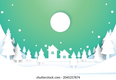 Snow House Pine Trees Winter Papercut Paper Cut Style Illustration