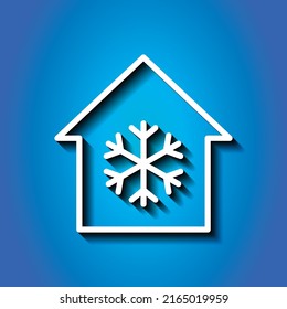 Schnee, Haus eine einfache Ikone. Flaches Design. Weißes Symbol auf blauem Hintergrund.ai