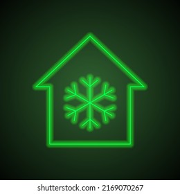 Snow, house simple icon. Flat design. Green neon on black background with green light.ai