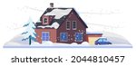 Snow and house under winter snowfall, cold weather