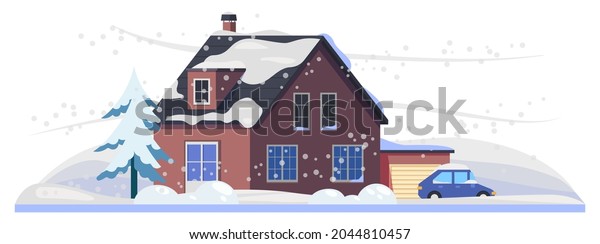 Snow and\
house under winter snowfall, cold\
weather