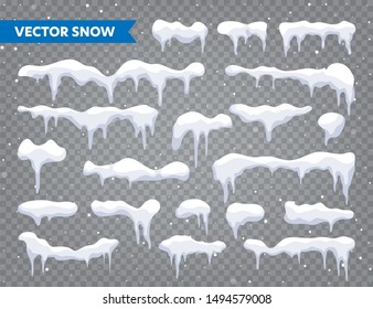 Snow, ice cap collection. Snowfall with snowflakes. Winter season. Isolated on transparent background Christmas card design element. 
