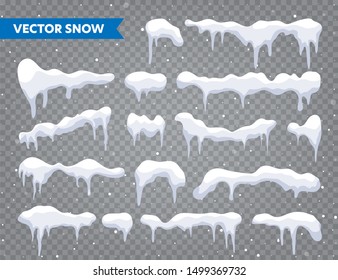 Snow, ice cap collection. Snowfall with snowflakes. Winter season. Isolated on transparent background Christmas card design element. 