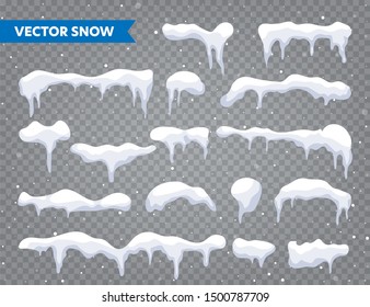 Snow, ice cap collection. Snowfall with snowflakes. Winter season. Isolated on transparent background Christmas card design element. 