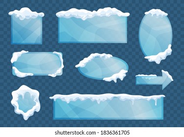 Snow ice cap frames decorative elements set with rectangular square oval arrow shapes transparent background vector illustration 