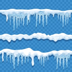 Snow Ice Cap Seamless Border Set On Transparent Background With Lines Of Snow And Hanging Icicles Vector Illustration