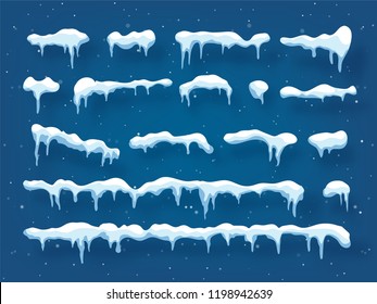 Snow, ice cap with shadow. Snowfall and snowflakes. Winter season. Blue background. Christmas and New Year time.