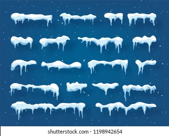 Snow, ice cap with shadow. Snowfall and snowflakes. Winter season. Blue background. Christmas and New Year time.