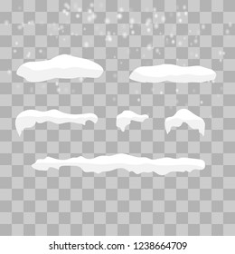 Snow, ice cap with shadow. Snowfall and snowflakes. Winter season. Transparent background. Christmas and New Year time. Vector Illustrator EPS 10.