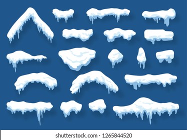 Snow, ice cap with shadow. Snowfall and snowflakes. Winter season. Blue background. Winter time.