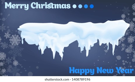 Snow, ice cap with shadow. Snowfall and snowflakes. Winter season. Blue background. Christmas and New Year time.