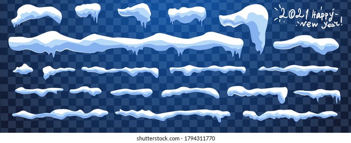 Snow, ice cap with shadow. Snowfall and snowflakes. Winter season. Blue background. Christmas and New Year time. Icicles, set vector