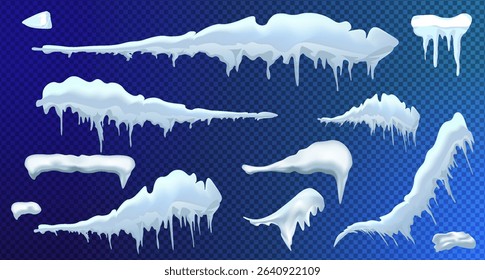 Snow, ice cap with shadow. Snowfall and snowflakes. Winter season. Blue background. Christmas and New Year time.