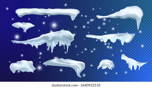 Snow, ice cap with shadow. Snowfall and snowflakes. Winter season. Blue background. Christmas and New Year time.