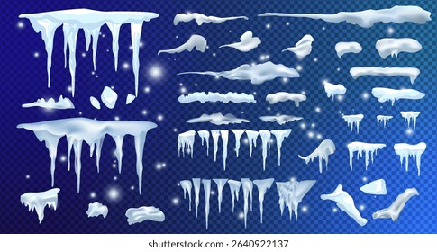 Snow, ice cap with shadow. Snowfall and snowflakes. Winter season. Blue background. Christmas and New Year time.