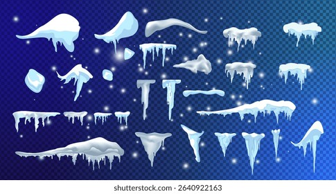 Snow, ice cap with shadow. Snowfall and snowflakes. Winter season. Blue background. Christmas and New Year time.