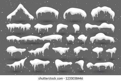 Snow, ice cap with shadow. Snowy elements on winter background. Snowfall and snowflakes. Christmas and New Year, Winter season. Vector illustration.