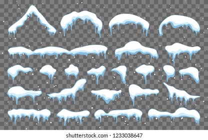 Snow, ice cap with shadow. Snowy elements on winter background. Snowfall and snowflakes. Christmas and New Year, Winter season. Vector illustration.