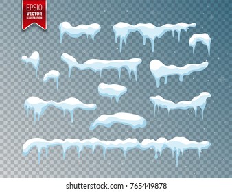 Snow, ice cap. Snowfall with snowflakes. Winter season. Isolated on transparent background.