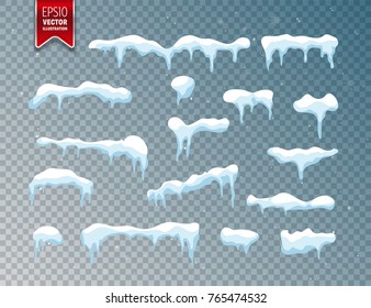 Snow, ice cap. Snowfall with snowflakes. Winter season. Isolated on transparent background.