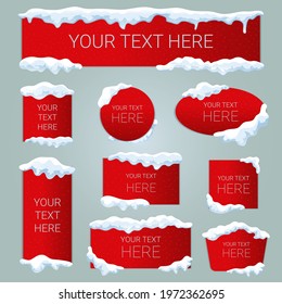 Snow ice cap with text banners set. Isolated red banners. Vector illustration.