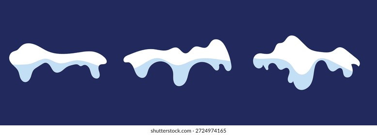 Snow and ice caps border elements. Set of white snow and icy shapes with dripping edges, ideal for winter themes, game UI, festive designs, and cold weather illustrations.
